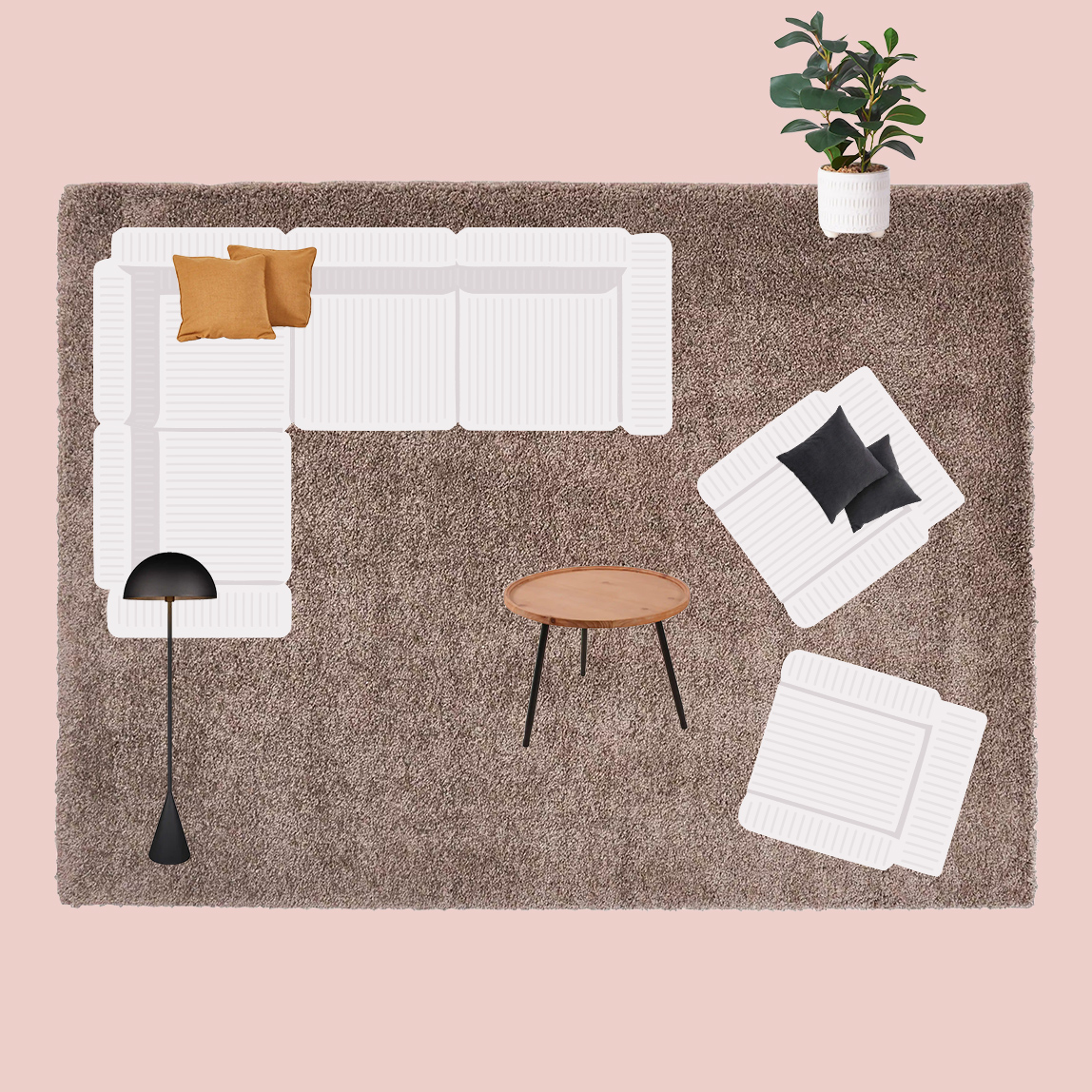 Wohnzimmer mit großem Eck-Sofa und Sesseln, Holztisch und Stehlampe auf einem großen Teppich.