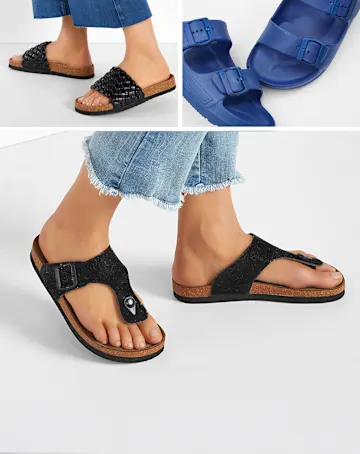 Schwarze Zehentrenner, blaue Riemensandalen und geflochtene Pantoletten.