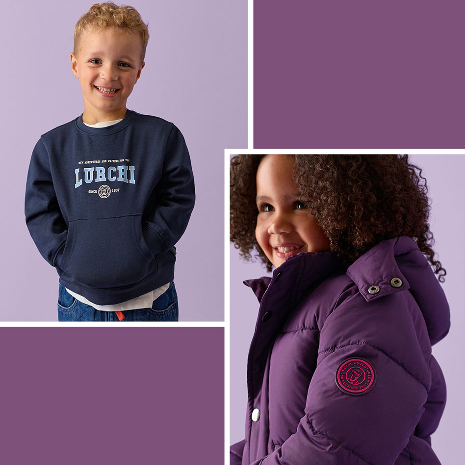Junge in Jeans und Pullover, Mädchen in warmer Winterjacke.