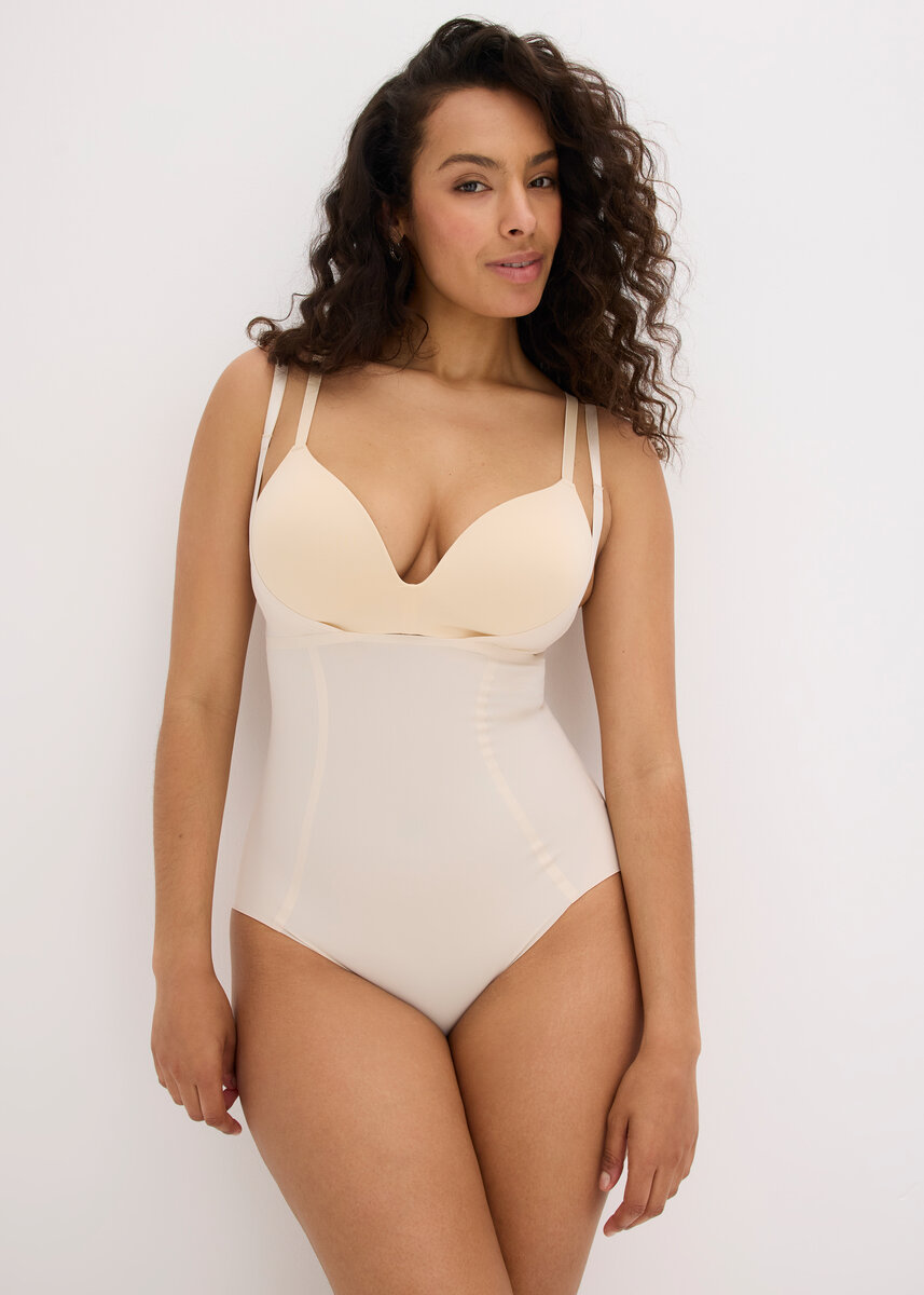 Hautfarbener Shapewear-Body und passender BH.