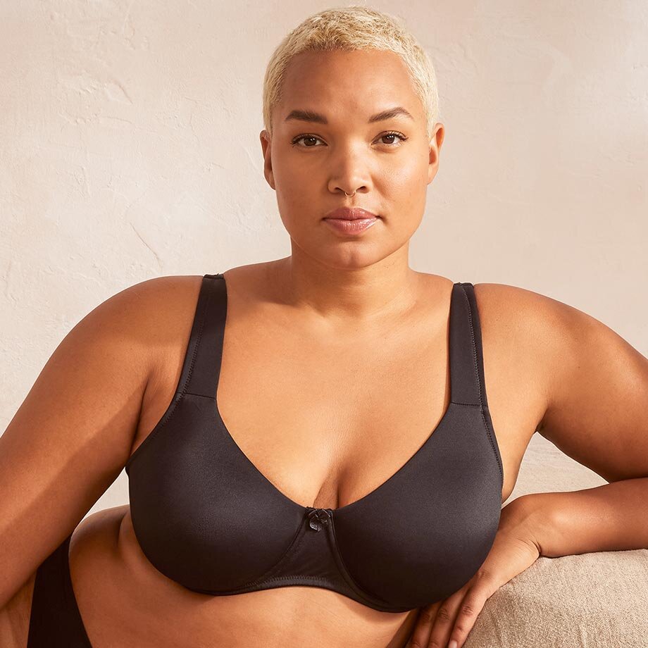 Ein schwarzer BH mit breiten Trägern und schlichtem Design für Komfort und Unterstützung.