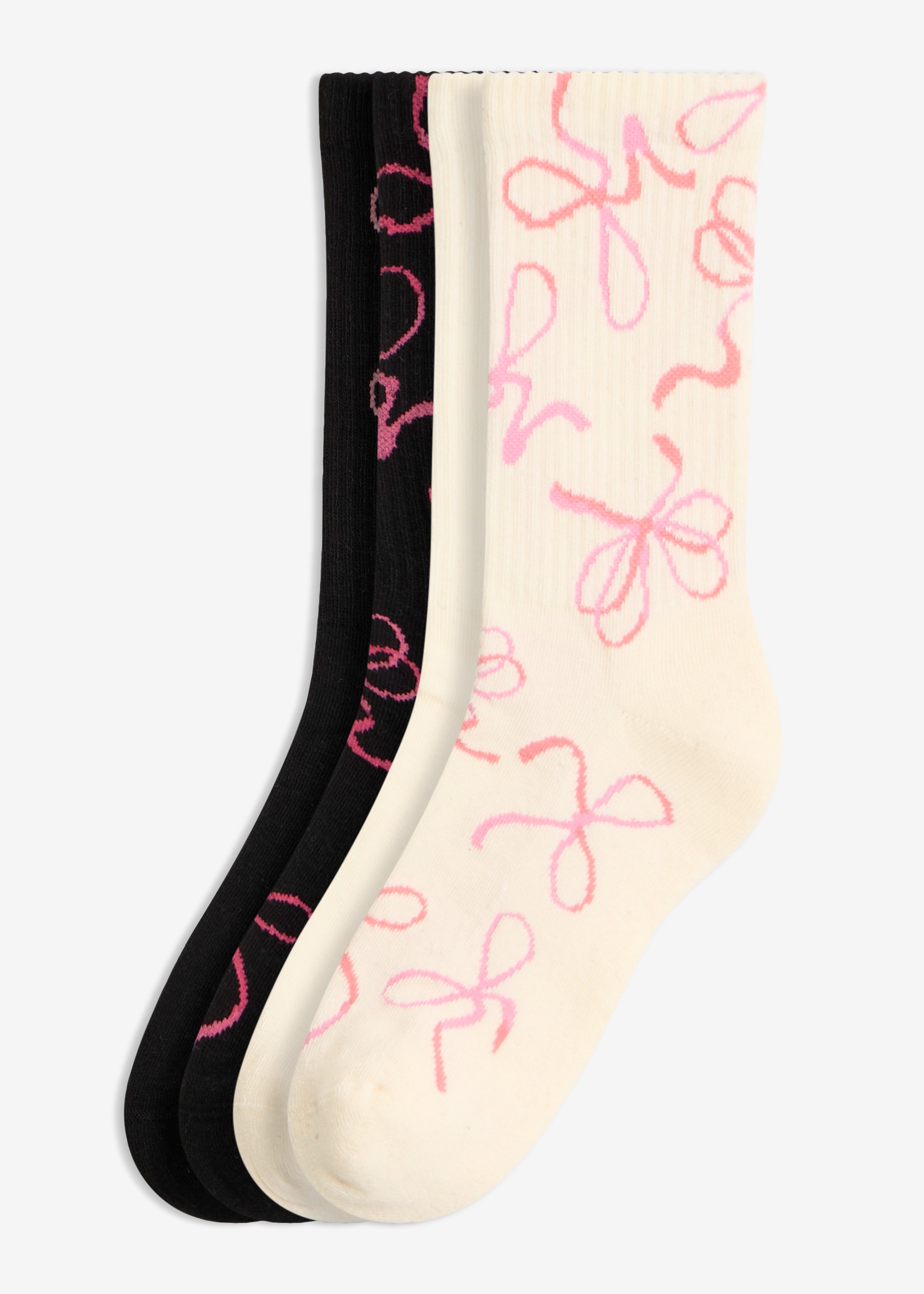 Vier Paar Socken: Schwarz und Cremefarben mit verspielten rosa Schleifenmustern.