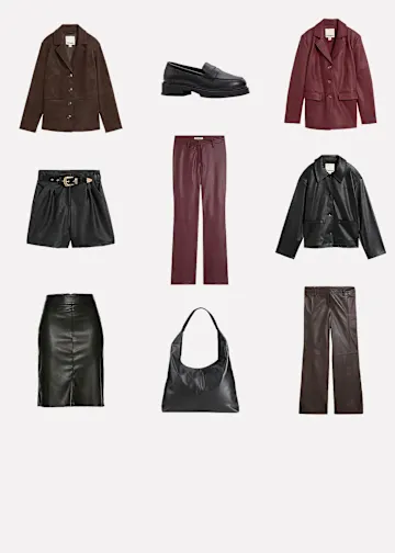 Lederjacken, Hosen, Shorts und ein Rock in Braun, Schwarz, Dunkelrot mit Loafern und Tasche.