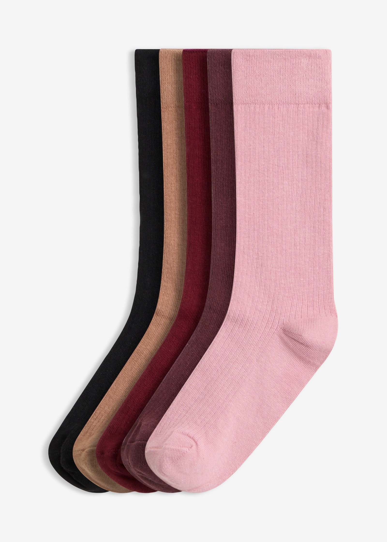Set aus fünf farbigen Socken in Schwarz, Beige, Rot, Braun und Rosa.