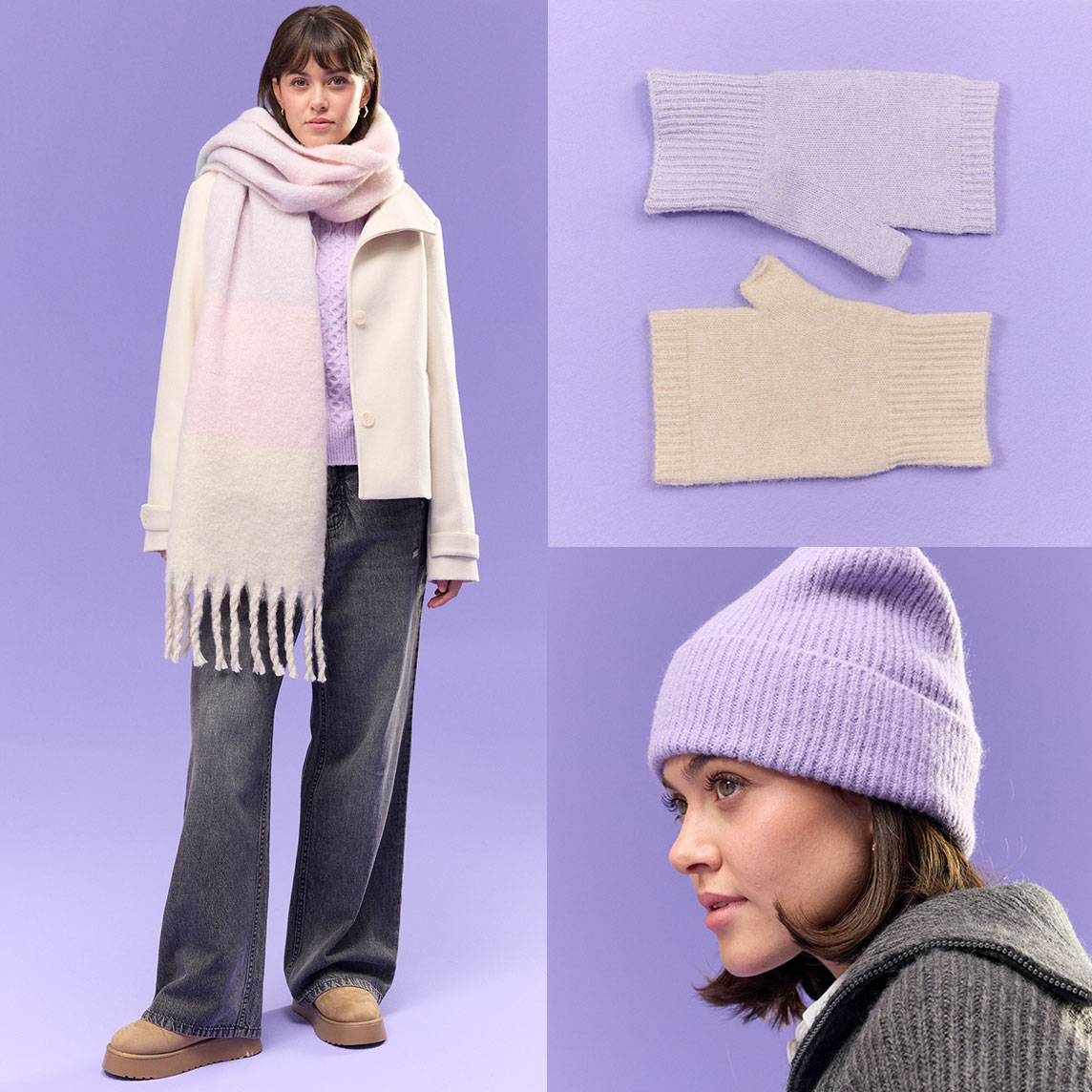 Pastellfarbene Wintermode: Flauschiger Schal, kuscheliger Pullover und warme Mütze für kalte Tage.