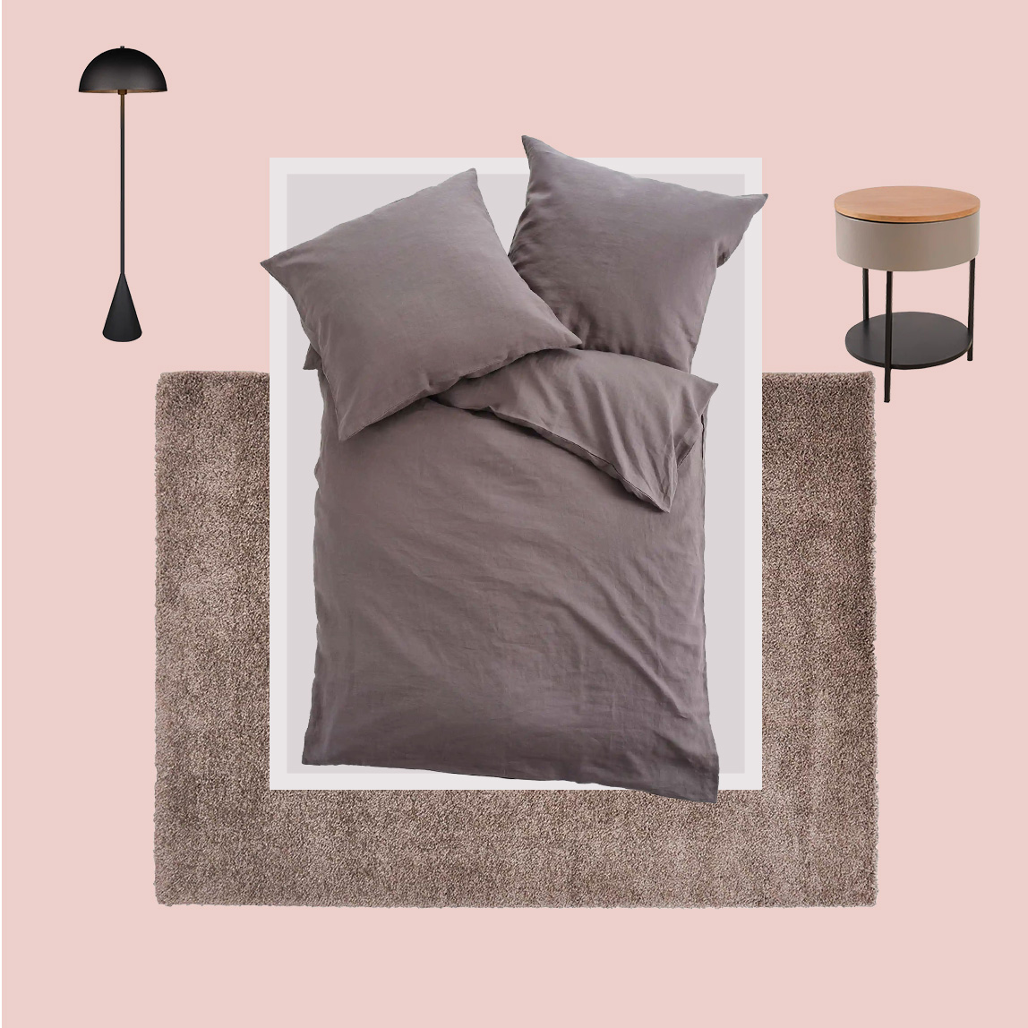 Bett mit Bettwäsche in einem modernen Schlafzimmer mit großem Teppich und Möbeln.