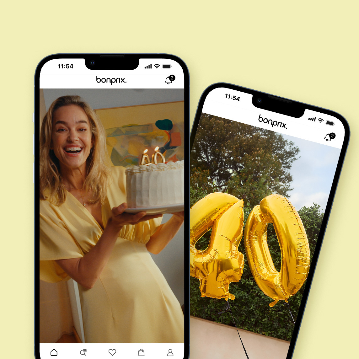 Gelbes Kleid und goldene Luftballons schaffen eine fröhliche, sonnige Atmosphäre in der App.