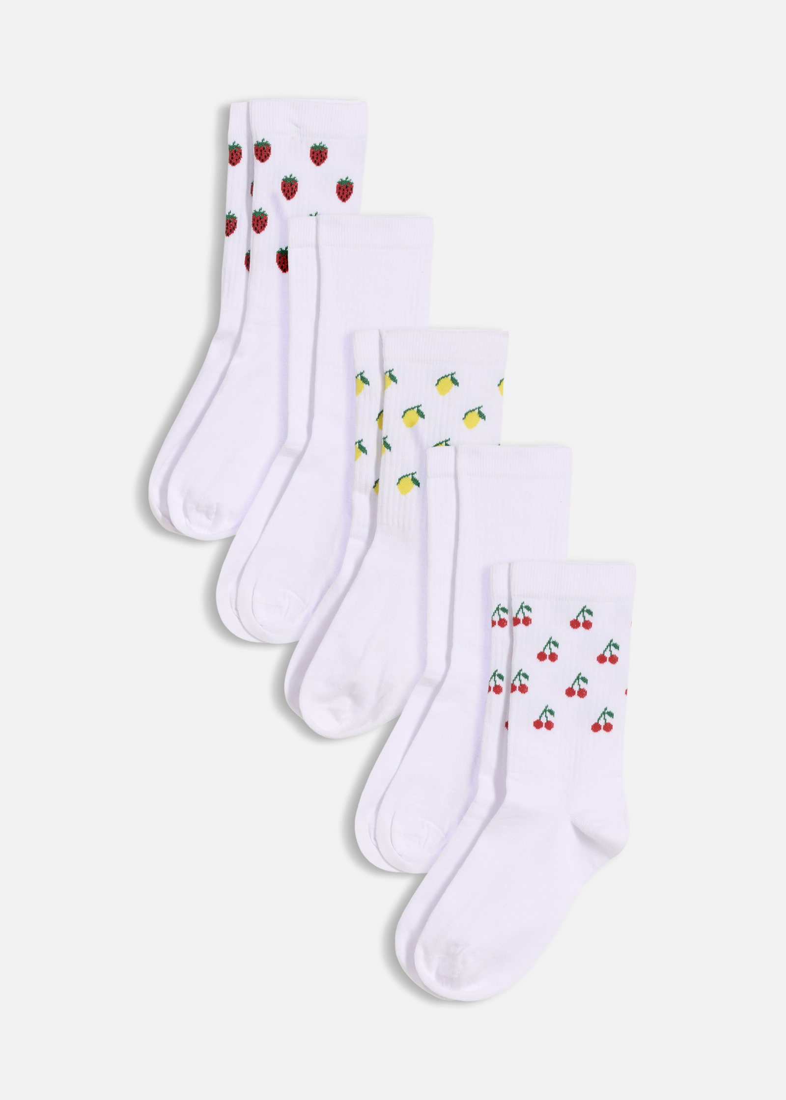 Weiße Socken mit fröhlichen Früchte-Mustern: Erdbeeren, Zitronen und Kirschen 