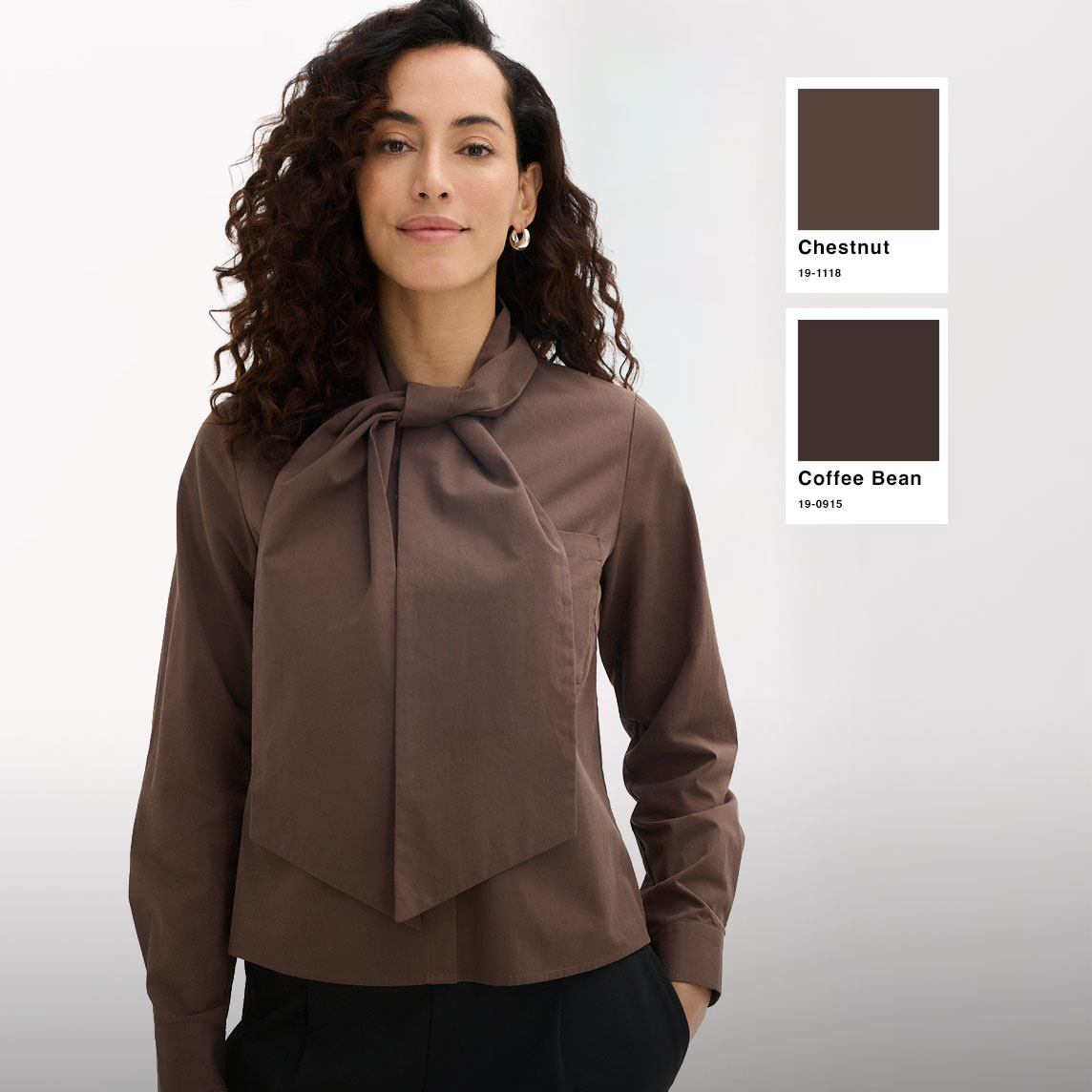 Stilvolle braune Schluppenbluse, perfekt in Chestnut und Coffee Bean Farbtönen.