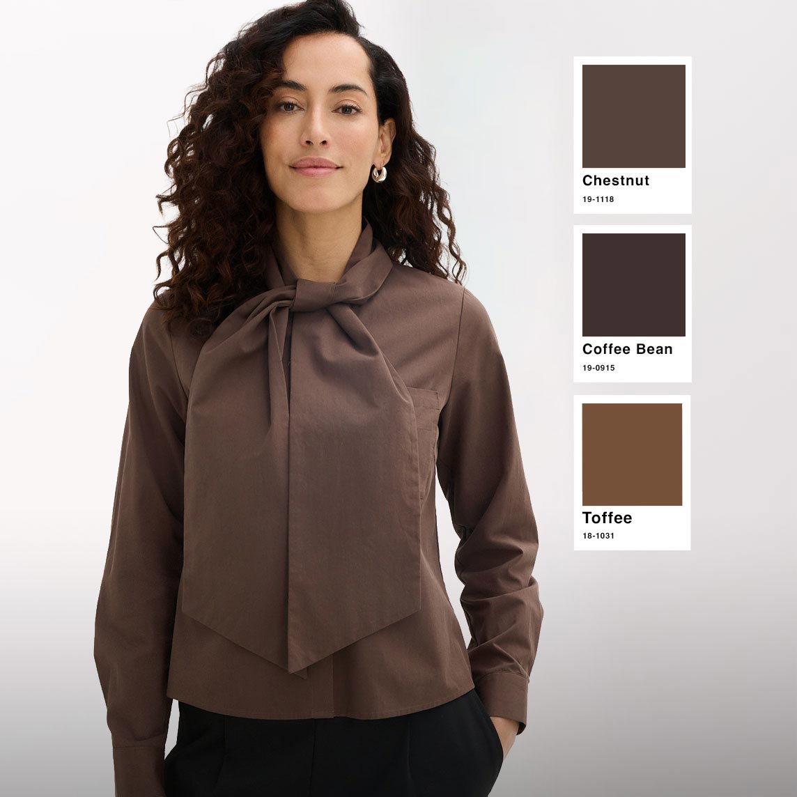 Stilvolle braune Schluppenbluse, perfekt in Chestnut und Coffee Bean Farbtönen.
