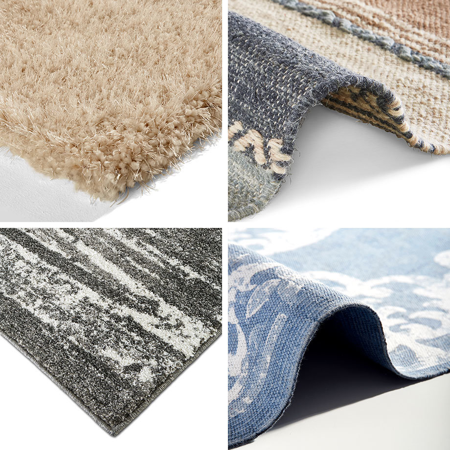 Weiche Teppiche in verschiedenen Texturen und Farben: beige, grau und blau. Hochflorige und gemusterte Designs.