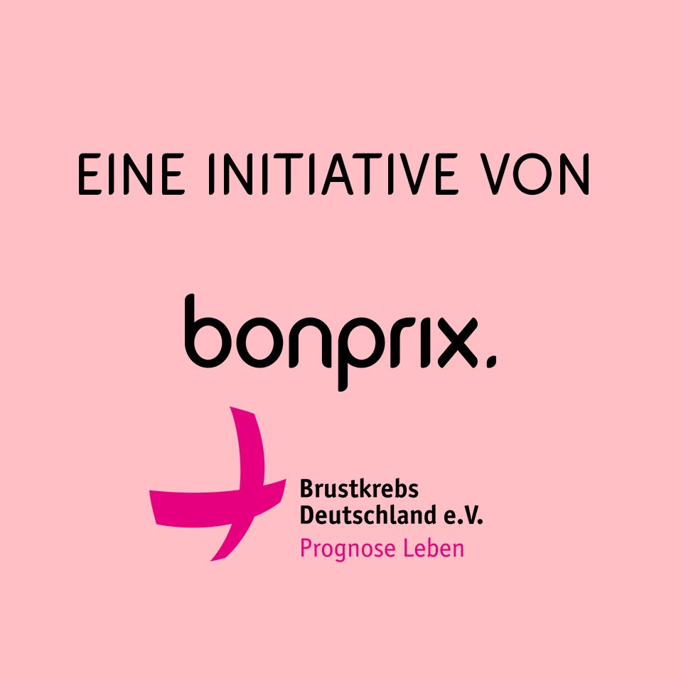 Das Bild zeigt keine Kleidung. Es präsentiert Logos und Text einer Initiative von Bonprix und Brustkrebs Deutschland e.V.