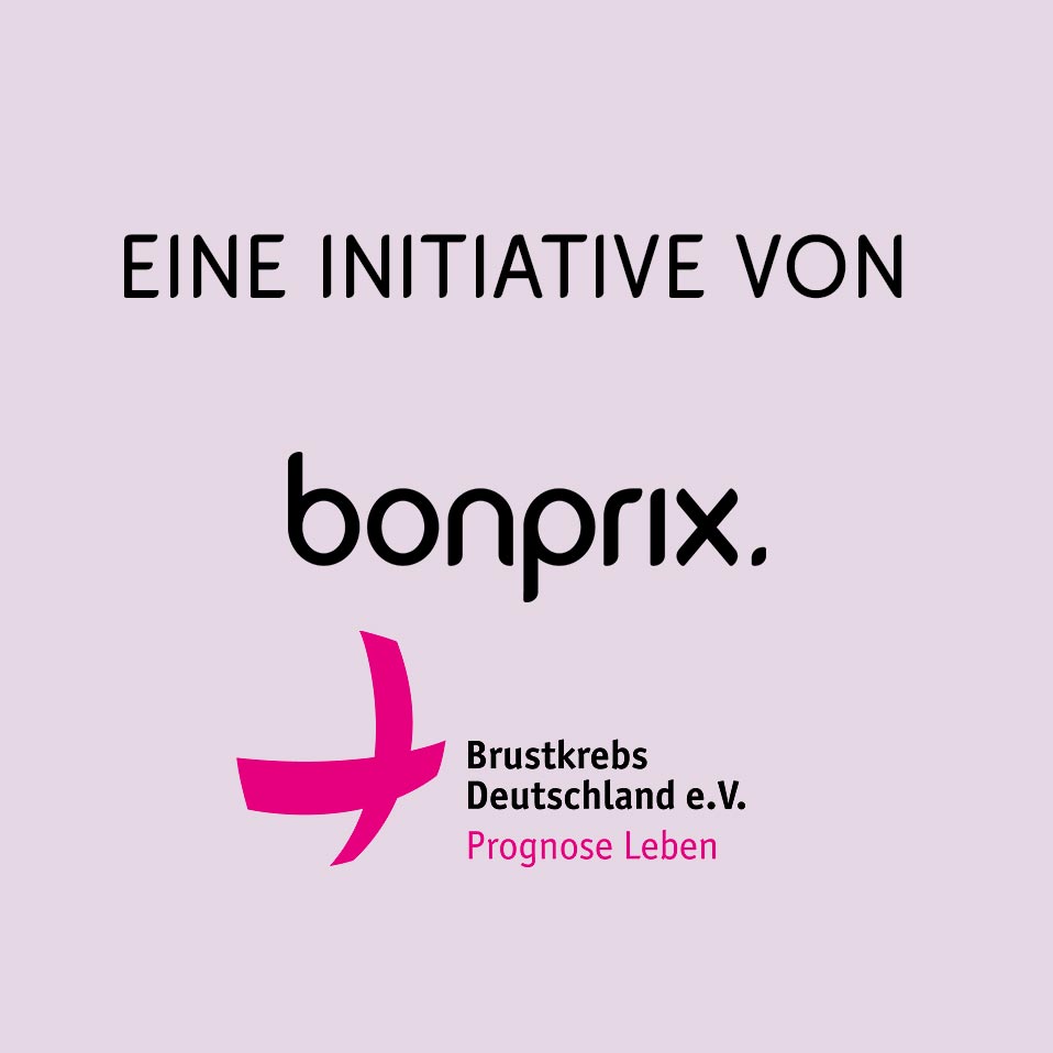 Das Bild zeigt keine Kleidung. Es präsentiert Logos und Text einer Initiative von Bonprix und Brustkrebs Deutschland e.V.