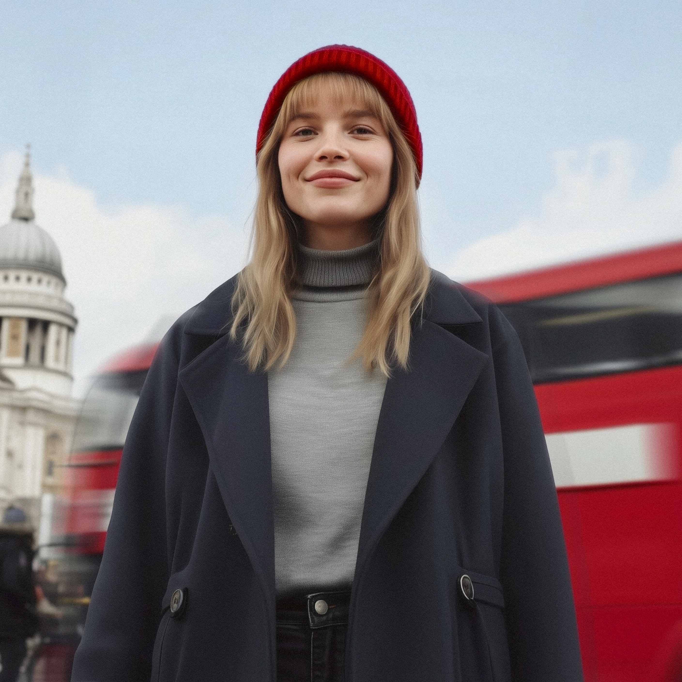  Rote Wollmütze, grauer Rollkragenpullover und dunkler Mantel.