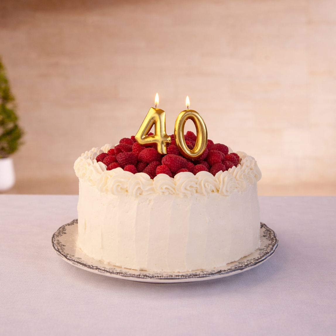 Eine festliche Torte mit weißer Creme, roten Früchten und goldenen Kerzen für den 40. Geburtstag.