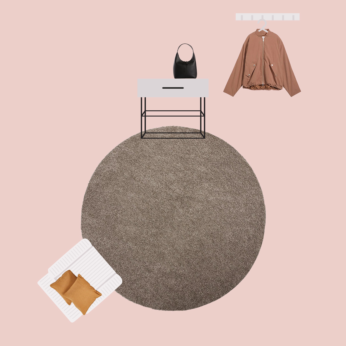 Dielenbereich mit schlichtem Regal, Sessel, Garderobe und einem großen runden Teppich.