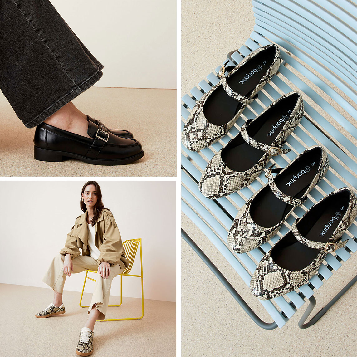 Elegante Schuhe: schwarze Loafer, schlangengemusterte Ballerinas und weiße Sandalen.