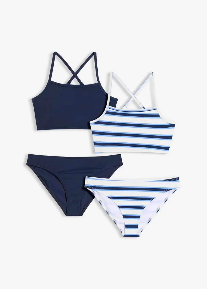 Zwei Bikinisets in Blau und Weiß mit Streifen. 