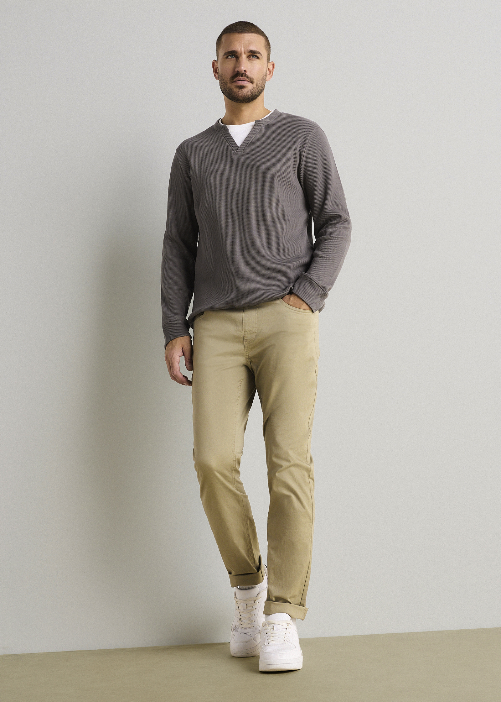 Langarmshirt aus Waffelstrick in 2-in-1-Optik aus reiner Baumwolle