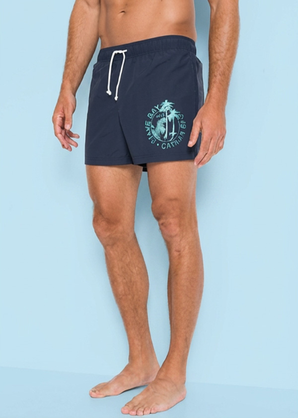 Stylische dunkelblaue Badeshorts mit türkisem Palmen-Logo und hellem Kordelzug.